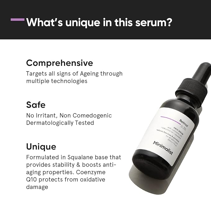 Minimalist 0.3% Retinol Serum with Bakuchiol Oil For Anti Aging | Night Face Serum With Squalane Base & Coenzyme Q10 To Reduce Fine Lines & Wrinkles | For Women & Men | 1 Fl Oz / 30 ml