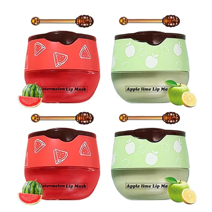 4 PCS Apple Lime Lip Mask, Vitamin E Strawberry & Watermelon & Honey Lip Sleeping Mask Propolis Moisturizing Lip Balm with Stick, Repairs And Prevents Chapped Lips (Apple Lime & Watermelon)