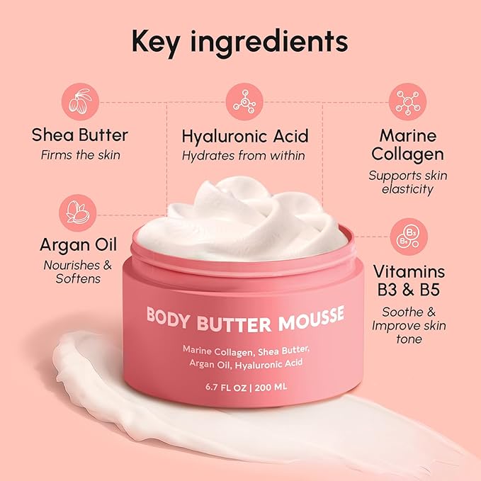 MAREE Body Butter Cream – Whipped Body Butter for Women Smell Good – Ayurvedic Skin Care – Body Moisturizer for Dry Skin – Vanilla Shea Butter Cream for Women & Men with Marine Collagen & Argan Oil