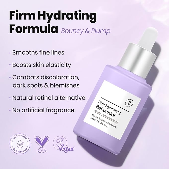 Glam Up Bakuchiol Serum & Hyaluronic Acid - Anti-Aging Retinol Alternative Serum, Blur Fine Lines, Anti-Wrinkles, Pore shrink and Soothing Pimples, Hydrate Facial Skin, Cruelty-Free (1.01 Fl Oz)