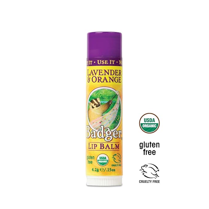 Badger - Classic Lip Balm, Lavender & Orange, Made with Organic Olive Oil, Beeswax & Rosemary, Certified Organic, Moisturizing Lip Balm, 0.15 oz