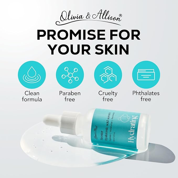 Olivia & Allison Hyaluronic Acid Serum 1.0 fl oz - With Panthenol + Olive Leaf Extract for Hydration & Calming Care