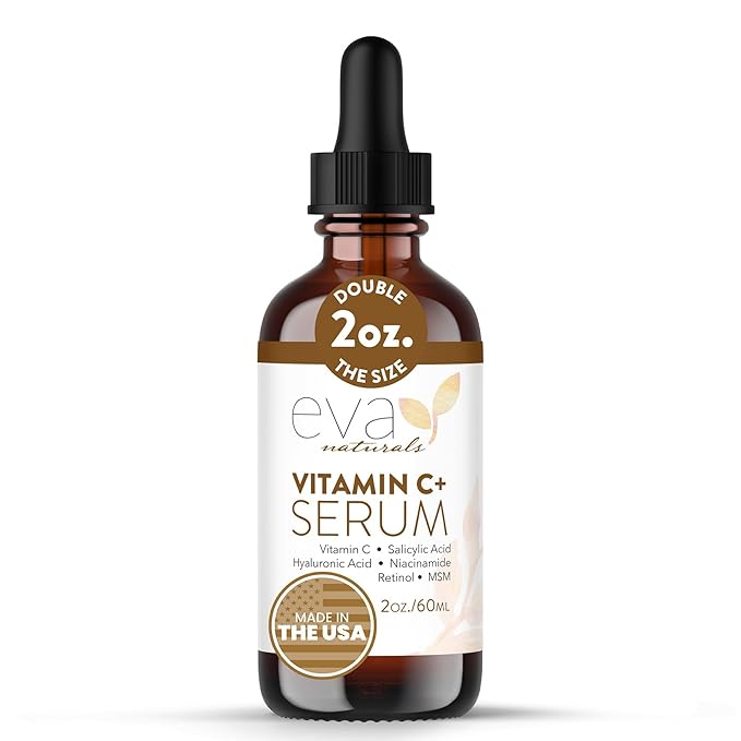 Eva Naturals Vitamin C Serum Plus – Facial Serum with Hyaluronic Acid, Niacinamide, Retinol, and Salicylic Acid – Hydrating and Smoothing Skin Formula – 2 oz
