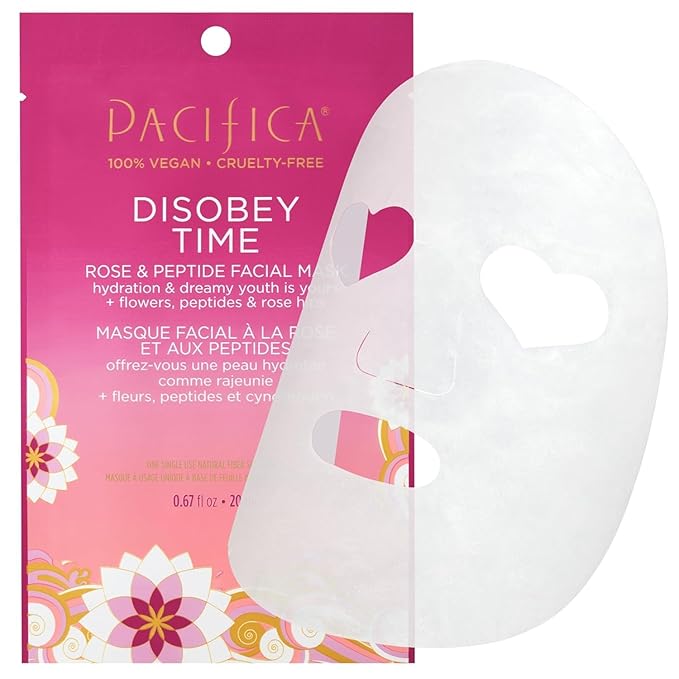 Pacifica Disobey Time Rose & Peptide Facial Sheet Mask 6-PACK Hydrating Anti-Aging Mask for Fine Lines & Dry Skin Infused w/Hyaluronic Acid & Chamomile Clean Vegan & Cruelty-Free Dermatologist Tested