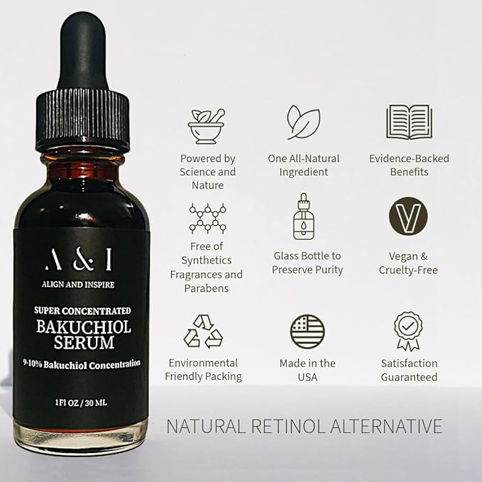100% Pure, Cold Pressed, Bakuchiol Serum 1 oz, Plant-Based Natural Retinol Alternative