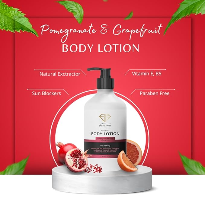 Saif Al Fares Pomegranate & Grapefruit Body Lotion – Hydrating Moisturizing Lotion for Women & Men – Daily Moisturizer with Vitamin E & B5 – Skin Care Body Moisturizing Lotion for Dry Skin, 500ml Pump