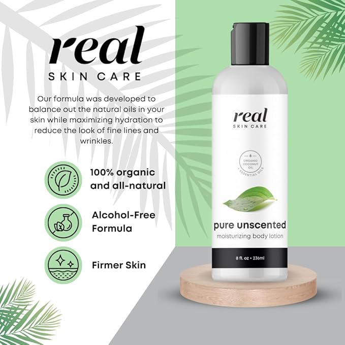 Real Skin Care Organic Body Lotion | Tighten and Moisturize Dry Skin | Reduce Fine Lines and Wrinkles | Natural Body Lotion Without Chemicals | Coconut Lotion Body | Paraben Free Clean Lotion | 8oz