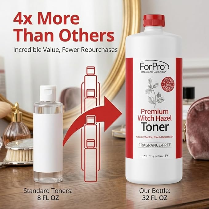 ForPro Witch Hazel Facial Toner with Aloe Vera & Glycerin, Alcohol-Free Face Toner for Sensitive Skin, Pore Minimizing, Hydrating & Soothing Cucumber Astringent, Fragrance-Free, Vegan, 32 Fl Oz