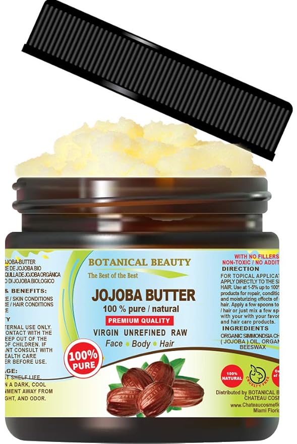 Botanical Beauty JOJOBA OIL BUTTER RAW VIRGIN UNREFINED for Face, Body, Hair, Nails. Dry Skin, Cracked Hands, Eczema, Psoriasis Rashes, Itchiness, Redness (8 Fl Oz)