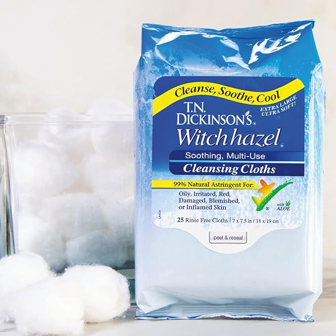 T.N. Dickinson's Witch Hazel Soothing MultiUse Cleansing Cloth, 4 Pack, 25 Cloths Per Pack,white & T.N. Dickinson's Witch Hazel Alcohol-Free Moisturizing Astringent, 100% Natural, 16 oz