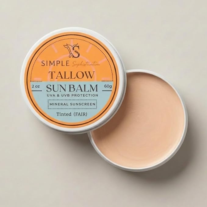 Tallow Sun Balm, tinted - with grassfed tallow, castor oil, zinc oxide | Mineral Sunscreen | Natural, Clean, Organic | Reef Safe, Ocean Friendly | Spf 30 - suitable for sensitive skin (2 oz) (Fair)