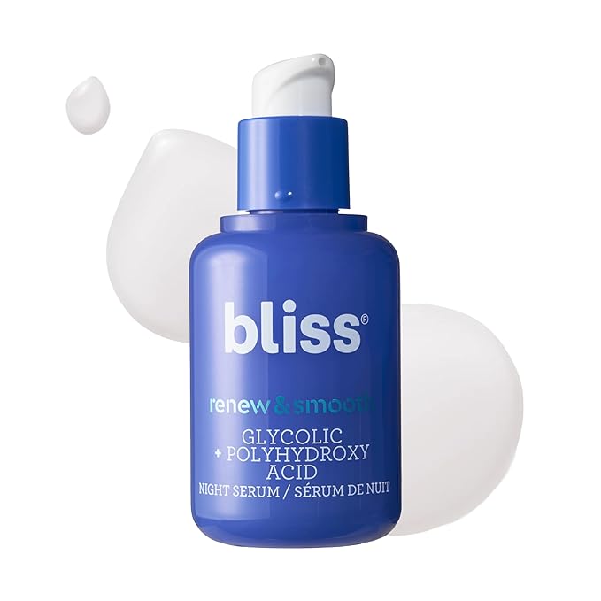 Bliss Renew & Smooth Night Serum – Glycolic Acid + Polyhydroxy Acid Exfoliating Serum – Resurfaces Skin, Smooths Texture & Brightens Tone Overnight – 1 Fl Oz