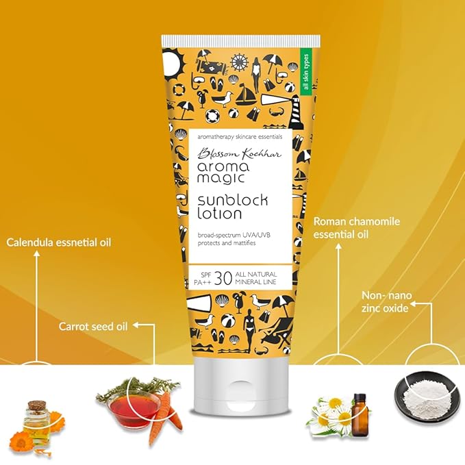 Aroma Magic Sunblock Sunscreen Lotion with SPF 30 | Broad Spectrum UVA/UVB Protection | Non-Nano Zinc Oxide Mineral Sunblock | 3.38 Fl Oz/100ml