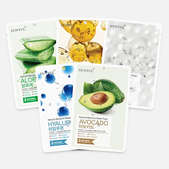 EUNYUL Natural Mask Sheet [Pack of 50] - Bulk Value Set, 5 Types x 10 Sheets (Aloe, Collagen, Pearl, Hyaluron, Avocado) - Korean Face Sheet Masks for Daily Skin Care