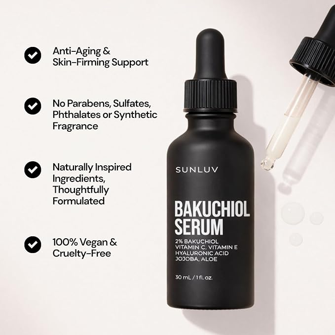 SUNLUV Bakuchiol Serum for Face - 2% Bakuchiol Retinol Alternative | Hyaluronic Acid Vitamin C + E Jojoba Oil | Plumping Hydrating Anti-Aging | Wrinkles Brightening Firming Sensitive Skin Vegan – 1 oz