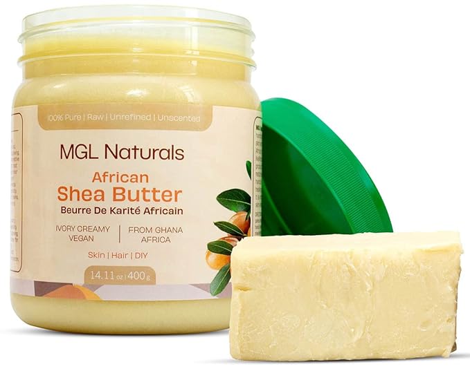 MGL Naturals Raw African Shea Butter Ivory 16oz, 100% Pure, and Unrefined. Nourish and moisturize hair and skin. Use alone or DIY recipes. From Ghana, West Africa. 16oz Jar