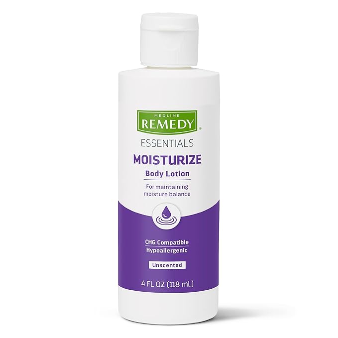 Medline Remedy Essentials Moisturizing Body Lotion (4 oz Bottle), Unscented, Hydrating, Non-Greasy, For Dry Skin, Hypoallergenic, Men, Women, Elderly