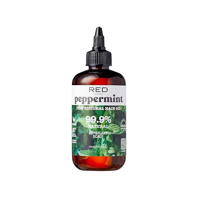 Red by Kiss Professional 99.9% Natural Hair Oil, Organic Vegan Oil Blend for Dry & Flaky Scalp Relief, Hydrating Biotin Infused, Nourish Add Shine & Smooth Hair (Peppermint, 7.78 Fl Oz)