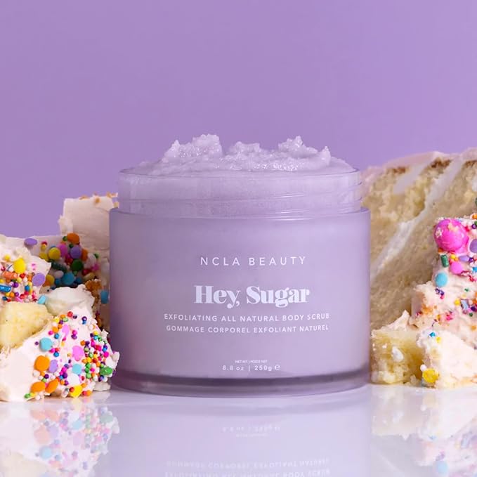 NCLA Beauty Hey Sugar All Natural Body Scrub - Moisturizing, Exfoliating Sugar Scrub - Shea, Cocoa, and Mango Butters - Birthday Cake - 8.8 oz