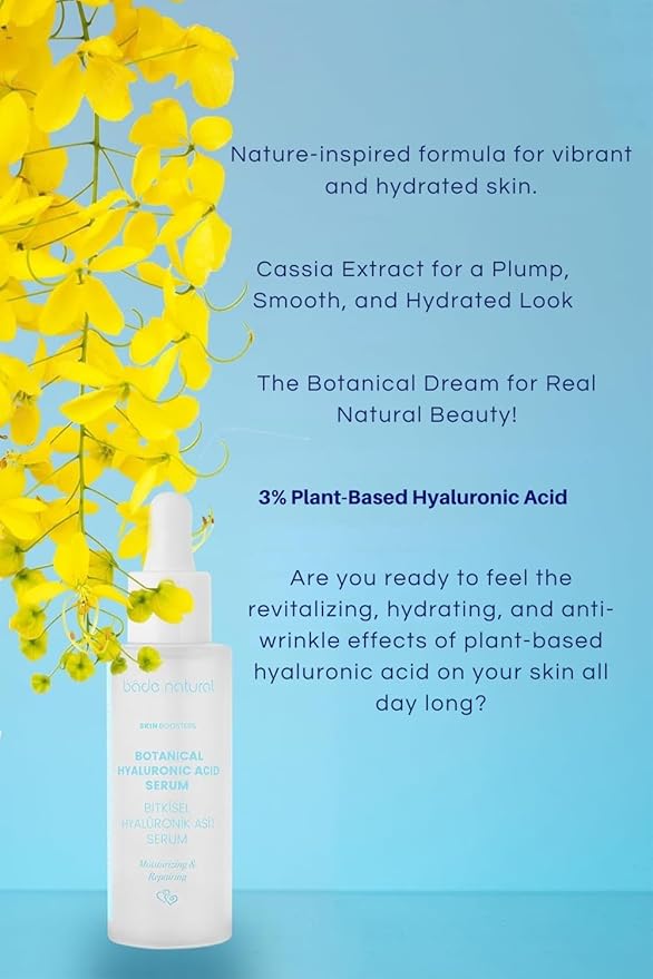 Bade Natural Plant-Based Hyaluronic Acid Face Serum with Cassia Extract – 3% Natural Hydrating & Revitalizing Formula – Anti-Aging for All Skin Types – 1 fl oz