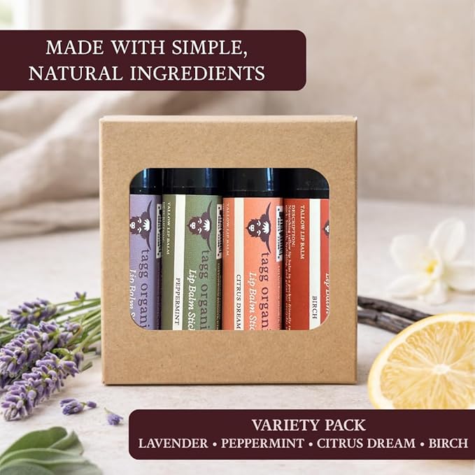 Tallow Lip Balm Variety Pack – Moisturizing Lip Care with Grass-Fed Tallow, Natural Beeswax & Essential Oils, 4 Pack (.15 oz)