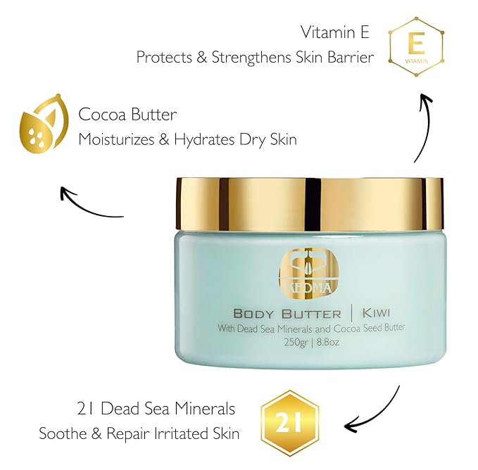 KEDMA Kiwi Body Butter – Nourishing Dead Sea Minerals Body Cream with Cocoa Butter, Rice Bran Oil & Vitamin E – Hydrating Moisturizer for Dry Skin - 8.8 oz