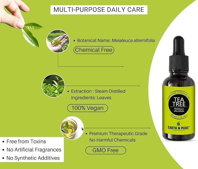 Earth N Pure Tea Tree Essential Oil Steam Distilled, Natural and Therapeutic Grade for Scalp & Skin Care with Glass Dropper | 30 ML