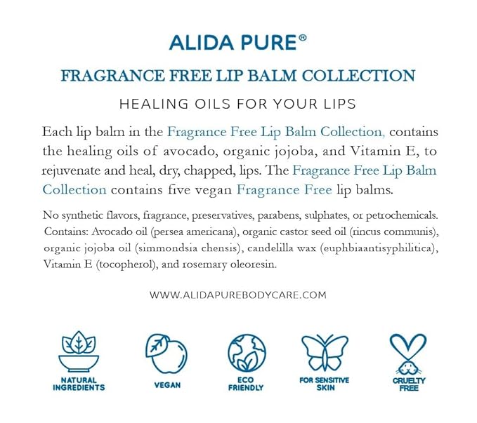 Fragrance Free Lip Balm, Vegan Set, Unscented, No Flavor, Beeswax Free, Organic Jojoba and, Avocado Oil, Vitamin E, Natural Moisturizer for Dry, Chapped, or Cracked Lips, 5 Tube Set