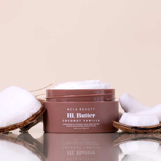 NCLA Beauty Hi Butter All Natural Body Butter - Body Moisturizer with Sunflower Oil and Shea, Cocoa, Mango Extracts - Coconut Vanilla - 3.4 oz