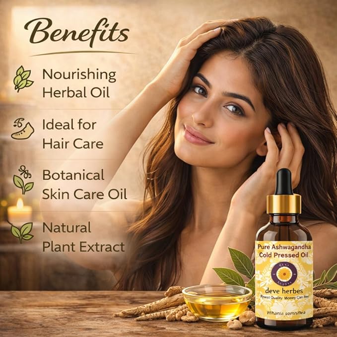 dève herbes Ashwagandha Oil (Withania somnifera) with Glass Dropper | Infused | Pure | Non-Sticky | Lightweight | for Facial Care | Men & Women | 30ml (1 oz)