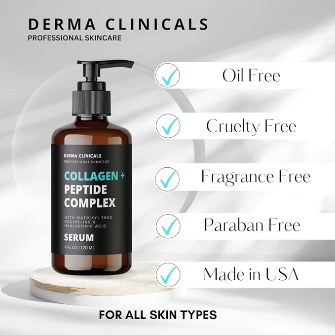 DERMA CLINICALS Collagen Peptide Serum with Matrixyl 3000 + Argireline, Hyaluronic Acid Serum, Anti-Aging Collagen Face Serum, Firming and Plumping, Anti-Wrinkle Serum for face - 4oz