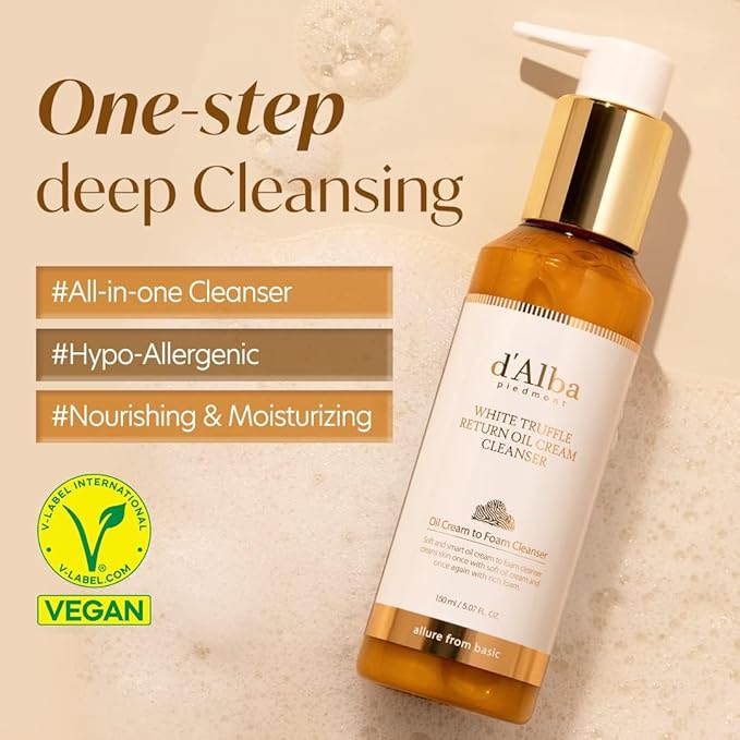 d'alba Piedmont White Truffle Return Oil Cream Cleanser, Vegan Skincare, Easy One Step Cleanser for Sebum & Makeup Removal, Hydrating Cleanser, for Sensitive Skin, Korean Skin Care