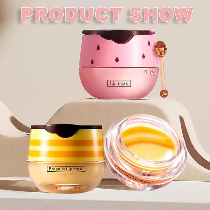 Strawberry & Honey Lip Balm, Vitamin E Lip Masks & Moisturizing/Hydrating Propolis Lip Sleeping Mask With Brush, Nourish And Repair Lip Skin Winter Lip Care Products (Honey & Strawberry)