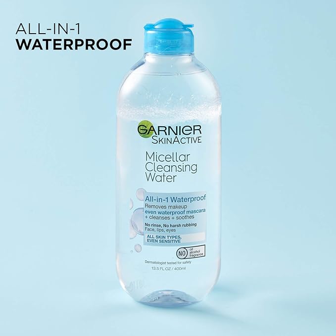 Garnier Micellar Water For Waterproof Makeup, Hydrating Facial Cleanser & Makeup Remover, Suitable for Sensitive Skin, Vegan, Cruelty Free, 13.5 Fl Oz (400mL), 1 Count