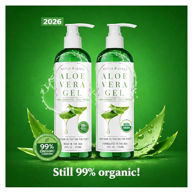 NTRSNS NaturSense 99% Organic Aloe Vera Gel. Deep Hydration, Effective Moisturizing. For Hair, Scalp, Face, Acne, Sunburn, Dry Winter Skin, Sensitive Skin, Shaving. Unscented, 12 oz. Made in the USA