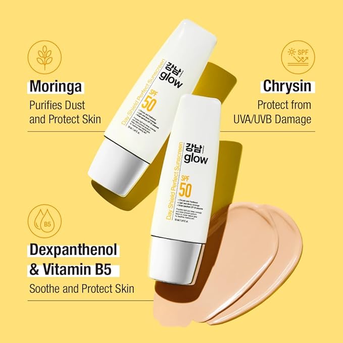 GANGNAM GLOW Day Shield Perfect Sunscreen SPF 50 - Effortless Tinted Sunscreen with Zinc Oxide, Sheer Moisturizer for face, Quick Absorption, Broad Spectrum, All Skin Types, Korean Skincare, 1.69 floz