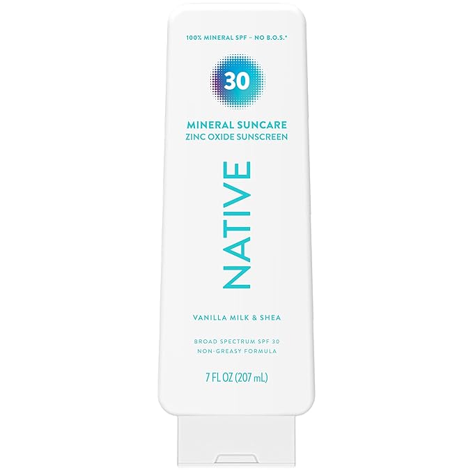 Native Mineral Sunscreen Lotion SPF 30, Vanilla Milk & Shea Scent, with 100% Mineral Zinc Oxide for Face & Body, Hawaii Compliant, Vegan, No White Cast - 7 oz