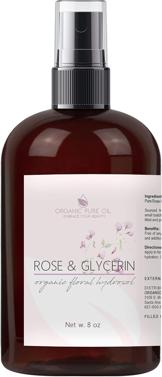 Rosewater Glycerin Mist Toner Bulk Spray Facial Body Floral Cleanser Pure Rose Hydrosol and Vegetable Glycerine Moisturizing Cleansing Toning Mix for Face Skin Hair Body (8 Ounces)