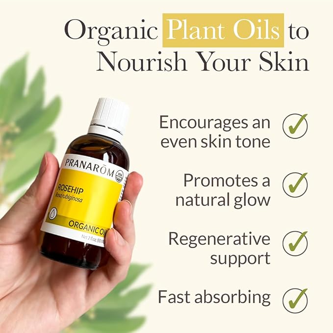 Pranarom - USDA Certified Organic Cold-Pressed Rosehip Virgin Plant Oil - 2 fl oz Glass Bottle - Massaging, Face, Hair & Skin, Unisex