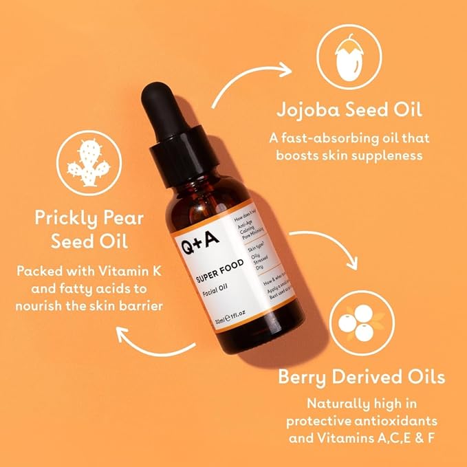 Q+A Super Food Facial Oil (30ml), Natural Vitamin-Rich Face Oil with Jojoba, Vitamin E Oil, Deeply Nourishes and Hydrates Dry, Sensitive, and Normal Skin, Boosts Skin Radiance and Glow