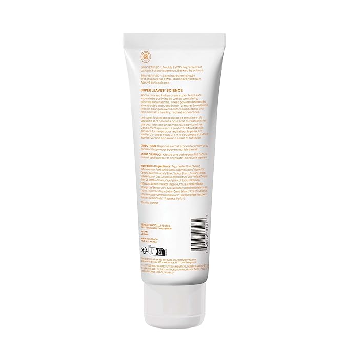 ATTITUDE Body Cream, EWG Verified, Plant- and Mineral-Based Ingredients, Vegan and Cruelty-free, Energizing, Orange Leaves, 8 Fl Oz