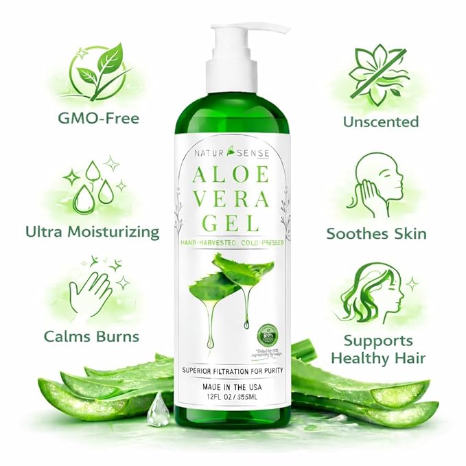 NTRSNS NaturSense 99% Organic Aloe Vera Gel. Deep Hydration, Effective Moisturizing. For Hair, Scalp, Face, Acne, Sunburn, Dry Winter Skin, Sensitive Skin, Shaving. Unscented, 12 oz. Made in the USA