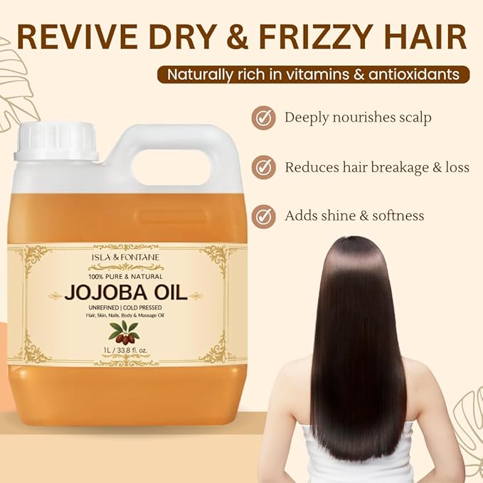 ISLA & FONTANE Jojoba Oil – 1L (33.8 fl oz) | 100% Pure & Natural | Golden, Unrefined, Cold Pressed | Hexane-Free Carrier Oil for Skin, Hair, Face, Nails & Body Moisturizing