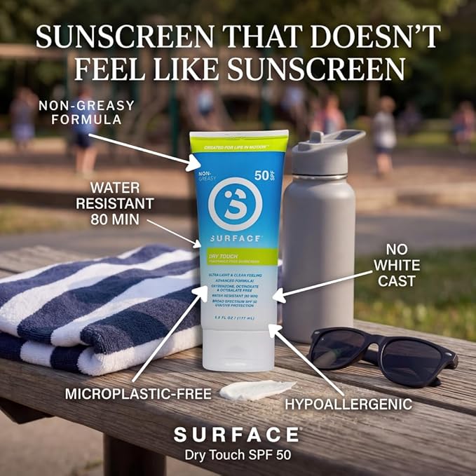 Surface Sunscreen Lotion SPF 50 for Face and Body, Natural Formula, Lightweight and Reef Friendly, Broad Spectrum UVA UVB Protection, Water Resistant Sun Care for Outdoor Use, Fragrance Free, 6oz