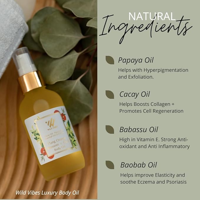 Wild Vibes Ylang Orange Blossom Body & Massage Oil - Hydrating Jojoba, Papaya Seed Oil, Vitamin E, Lupine Seed Extract for Collagen production – Nourishing Oil for all skin types 4oz