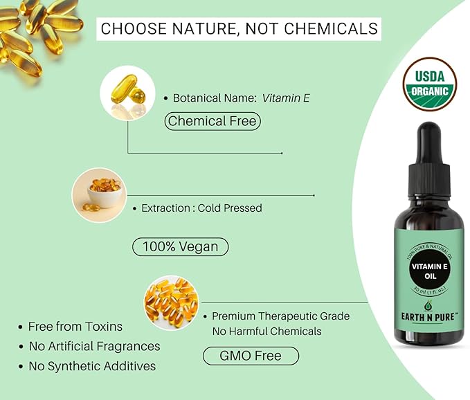 Earth N Pure Vitamin E Oil Therapeutic Grade for Skin, Hair and Nails with Glass Dropper - 50 ml