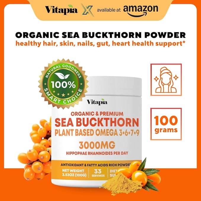 Organic Sea Buckthorn Extract Powder with Natural Omega 7 & Omega 3 6 9 for Heart Health, Skin, Immune Support - 100g Powder Supplement & 33 Day Supply - Non-GMO, Gluten-Free, Vegan-Friendly