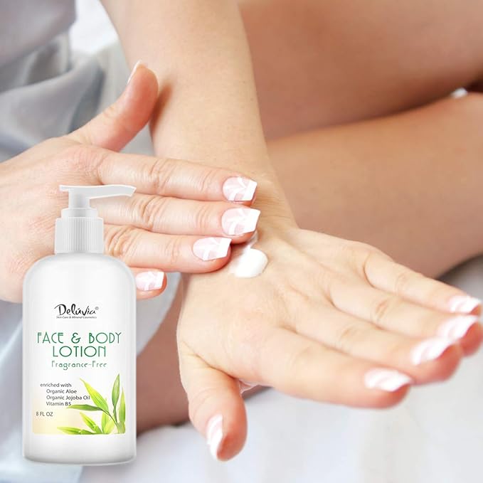 Deluvia Moisturizing Body Lotion & Face Lotion, 8oz with Organic Aloe Vera, Shea Butter, Organic Jojoba Oil, Vitamin E & B5. Daily Skin Moisturizing Lotion For Dry Skin, Great For All Skin Types.