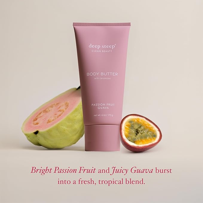 Deep Steep Body Butter, 6 oz – Rich Moisturizer with Ceramides, Coconut Oil, Argan Oil & Aloe Vera – Vegan, Clean Beauty, Smooth & Hydrated Skin (6 Ounces, Passion Fruit Guava)