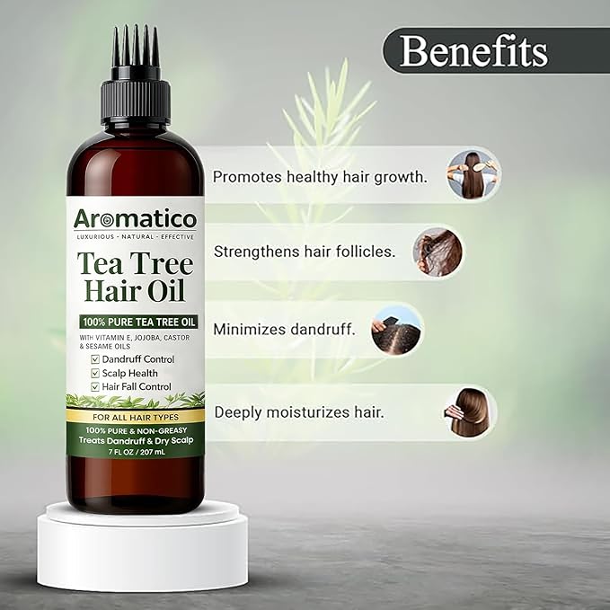 Aromatico Tea Tree Hair Oil with Vitamin E, Jojoba, Castor & Sesame Oils – Lightweight Scalp & Hair Care Oil for Dry Scalp, Shine & Smooth-Looking Hair – Non-Greasy Formula, 200 ml / 7 fl oz